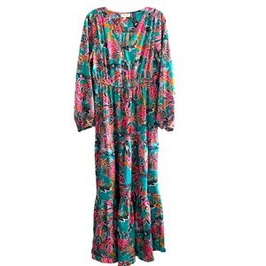 Boemo Womens Long Sleeve Tiered Boho Peasant Paisley Maxi Dress Pink Green Large
